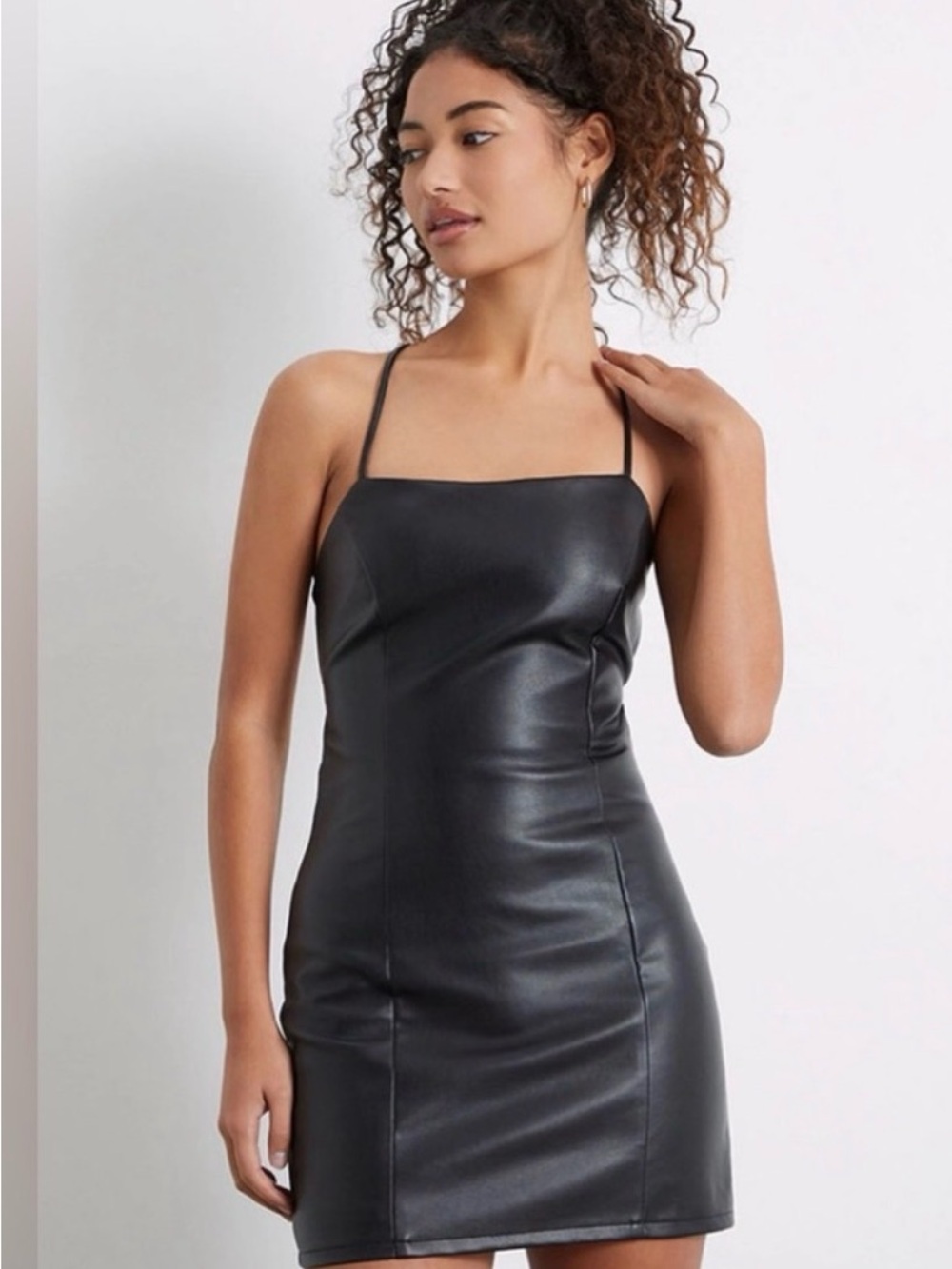 LA HEARTS Black Faux Leather Mini Dress with Thin Straps